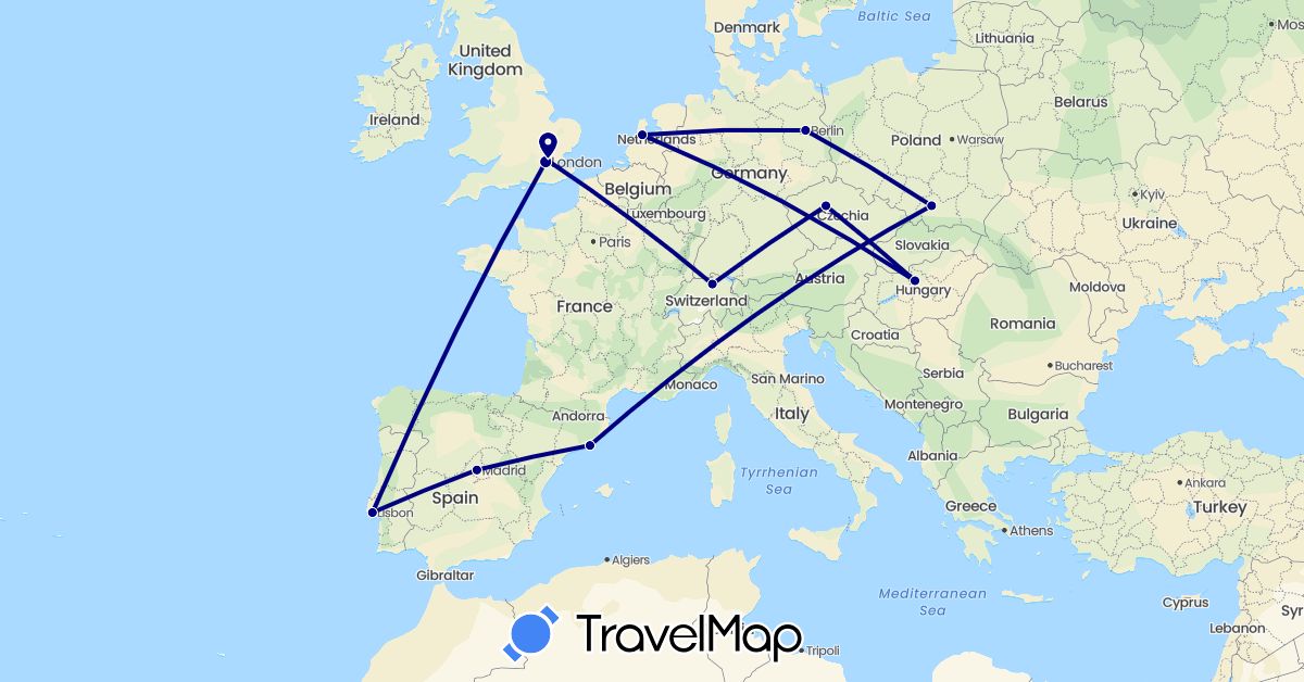 TravelMap itinerary: driving in Switzerland, Czech Republic, Germany, Spain, United Kingdom, Hungary, Netherlands, Poland, Portugal (Europe)